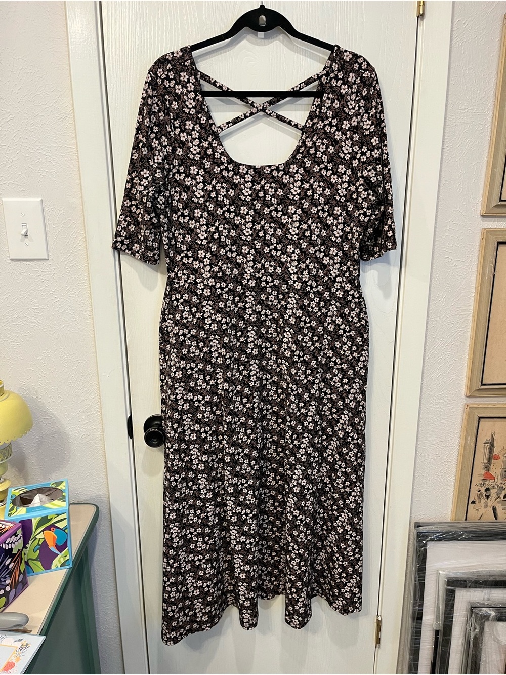 Pact Fit & Flare Midi Scoop Neck Dress Stretch Cotton Cottage Boho XL Modest